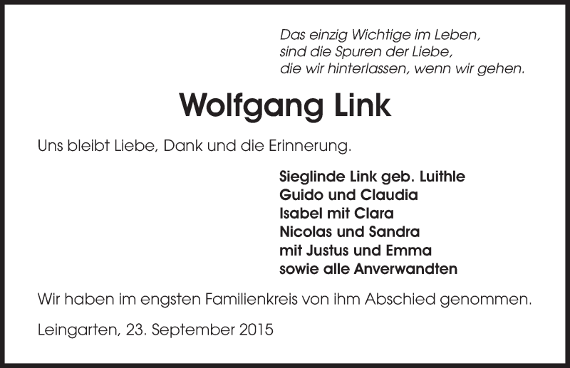  Traueranzeige für Wolfgang Link vom 23.09.2015 aus 