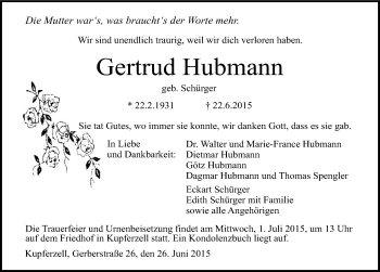 Traueranzeige von Gertrud Hubmann 