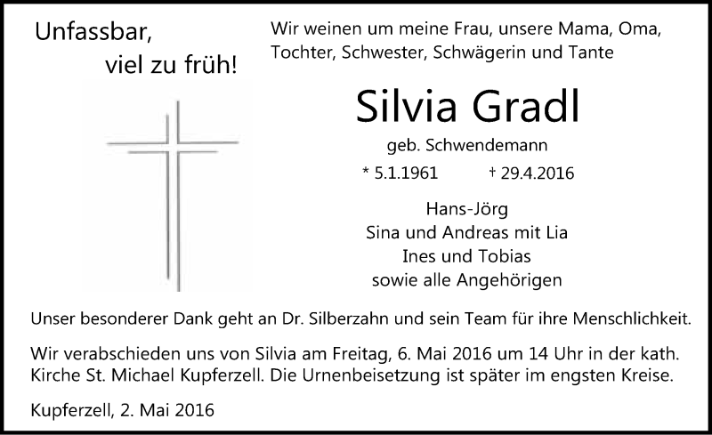  Traueranzeige für Silvia Gradl vom 02.05.2016 aus 