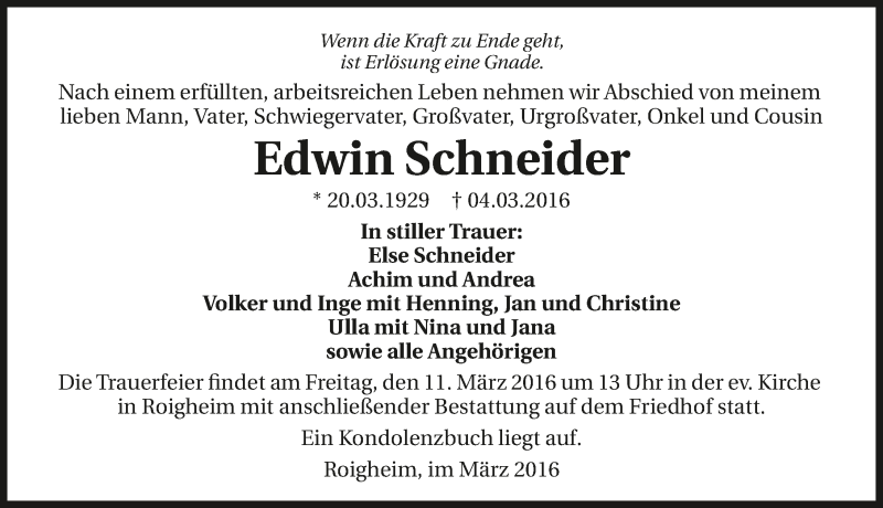 Traueranzeige für Edwin Schneider vom 08.03.2016 aus 