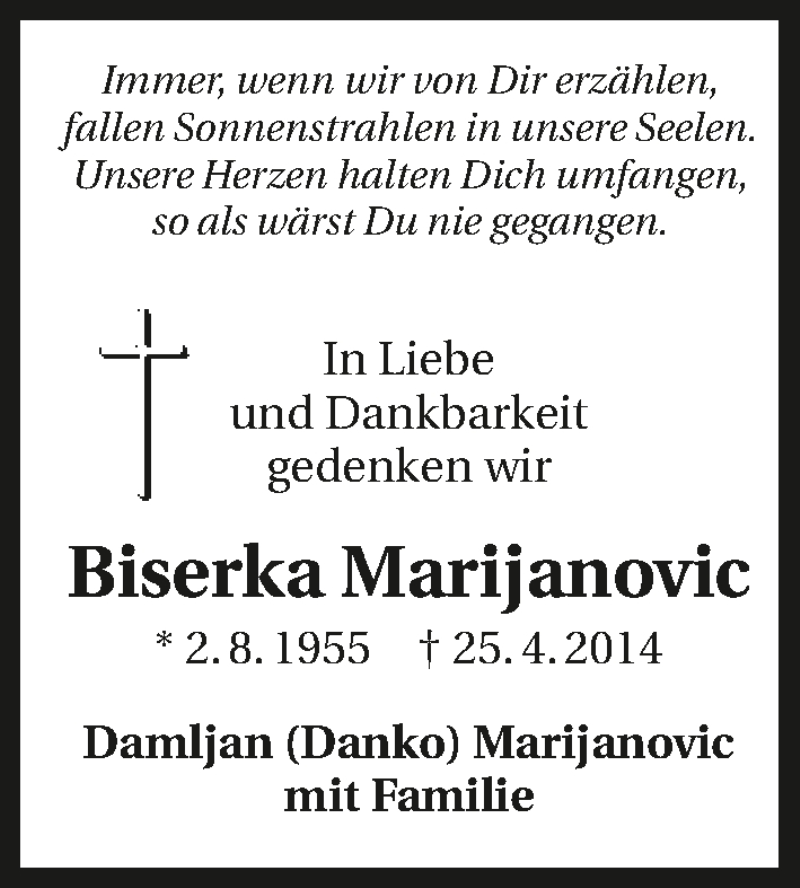  Traueranzeige für Biserka Marijanovic vom 25.04.2016 aus 
