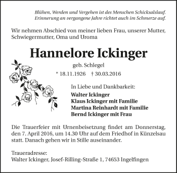 Traueranzeige von Hannelore Ickinger 