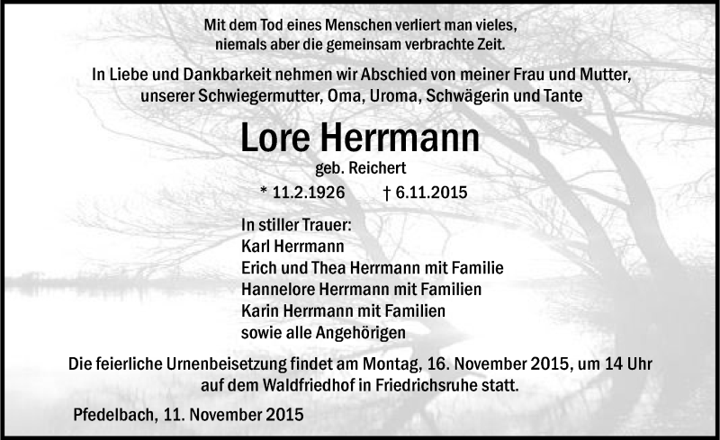  Traueranzeige für Lore Herrmann vom 11.11.2015 aus 