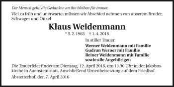 Traueranzeige von Klaus Weidenmann 