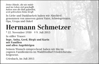 Traueranzeige von Hermann Schmetzer 