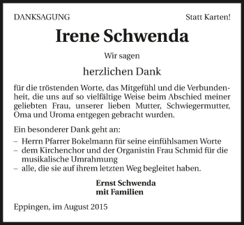 Traueranzeige von Irene Schwenda 