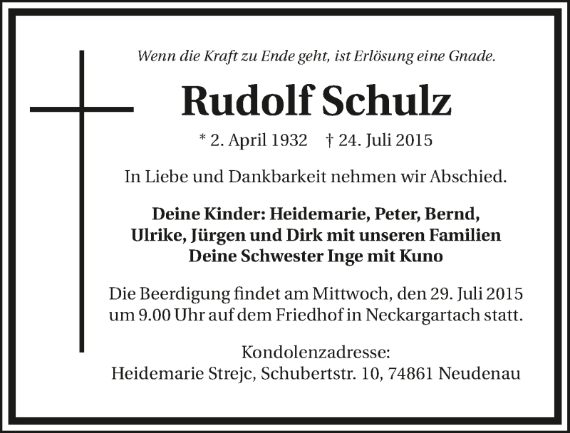  Traueranzeige für Rudolf Schulz vom 27.07.2015 aus 