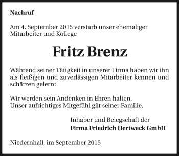 Traueranzeige von Fritz Brenz 