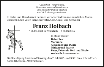 Traueranzeige von Franz Holbach 