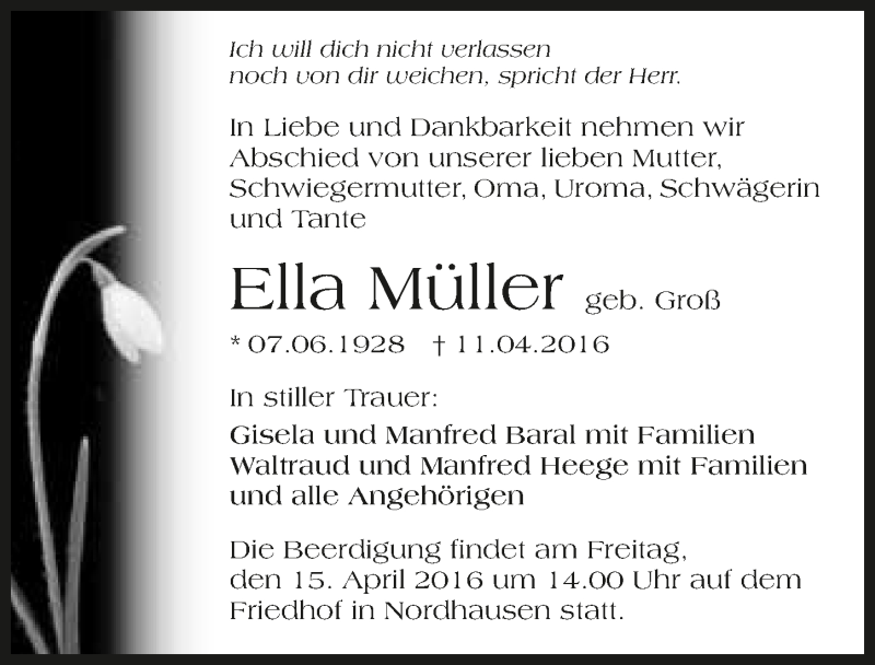  Traueranzeige für Ella Müller vom 13.04.2016 aus 