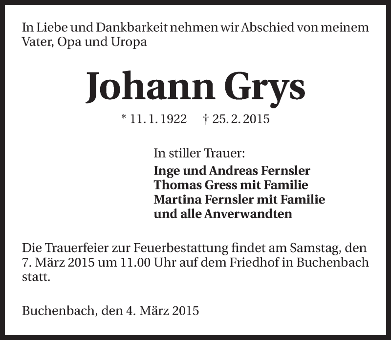  Traueranzeige für Johann Grys vom 04.03.2015 aus 