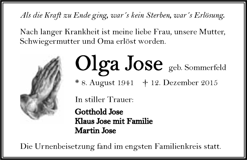  Traueranzeige für Olga Jose vom 22.12.2015 aus 