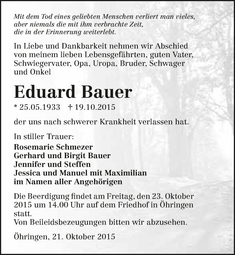  Traueranzeige für Eduard Bauer vom 21.10.2015 aus 