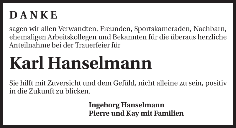  Traueranzeige für Karl Hanselmann vom 19.03.2015 aus 