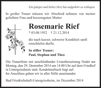 Traueranzeige von Rosemarie Rief 
