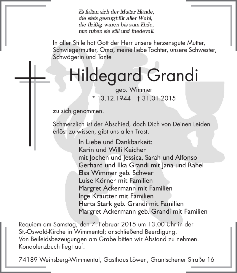  Traueranzeige für Hildegard Grandi vom 03.02.2015 aus 