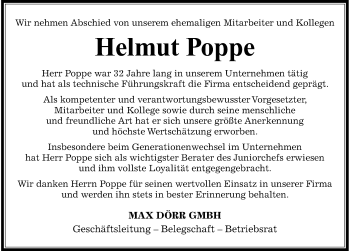 Traueranzeige von Helmut Poppe 