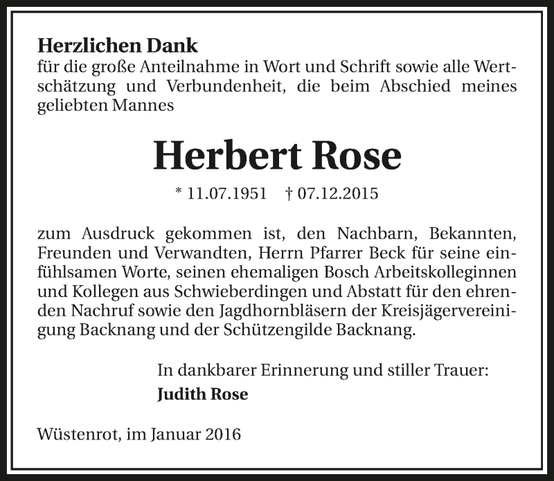  Traueranzeige für Herbert Rose vom 09.01.2016 aus 