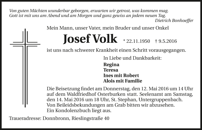  Traueranzeige für Josef Volk vom 10.05.2016 aus 