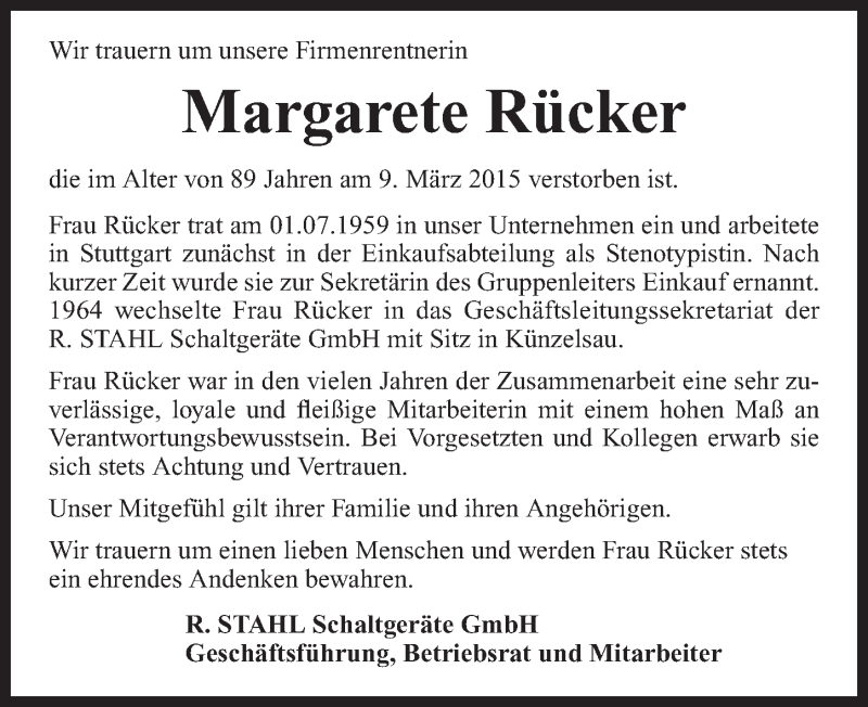  Traueranzeige für Margarete Rücker vom 17.03.2015 aus 