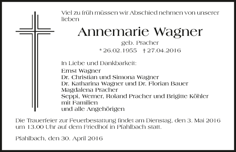  Traueranzeige für Annemarie Wagner vom 30.04.2016 aus 