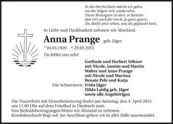 Traueranzeige von Anna Prange 