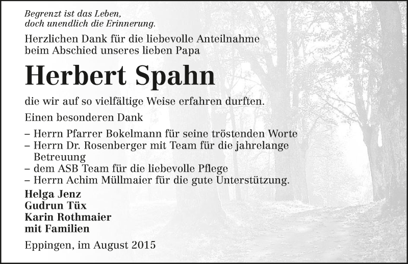  Traueranzeige für Herbert Spahn vom 08.08.2015 aus 