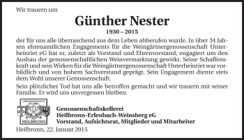 Traueranzeige von Günther Nester 