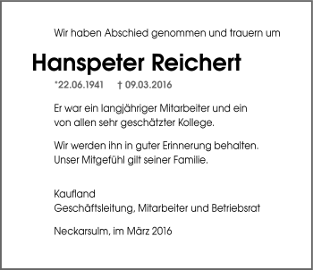 Traueranzeige von Hanspeter Reichert 