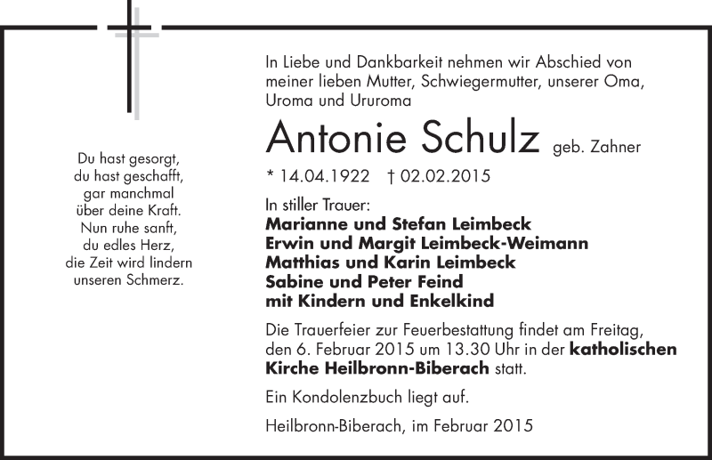  Traueranzeige für Antonie Schulz vom 04.02.2015 aus 