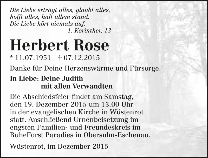  Traueranzeige für Herbert Rose vom 15.12.2015 aus 