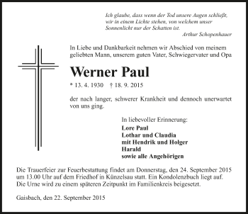 Traueranzeige von Werner Paul 