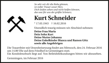 Traueranzeige von Kurt Schneider 