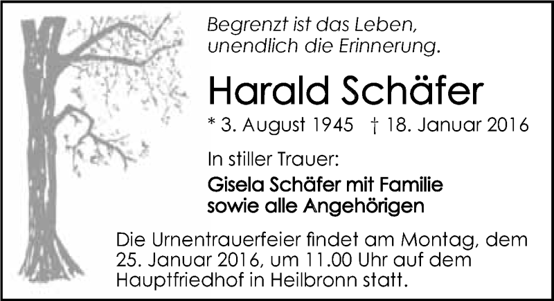  Traueranzeige für Harald Schäfer vom 20.01.2016 aus 