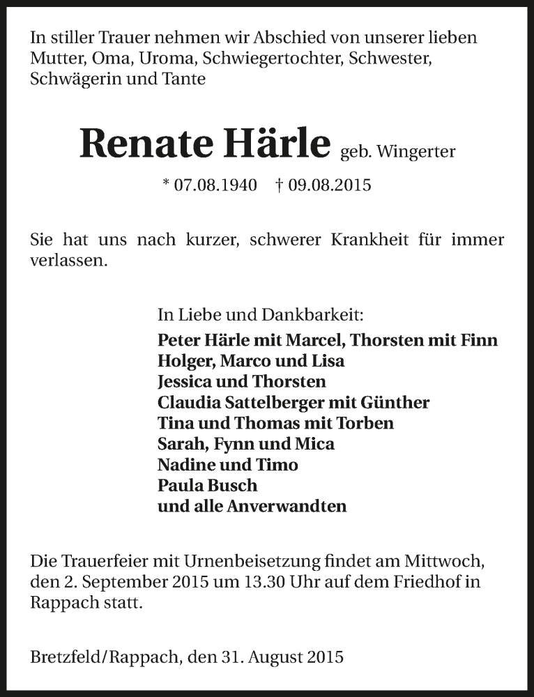  Traueranzeige für Renate Härle vom 31.08.2015 aus 