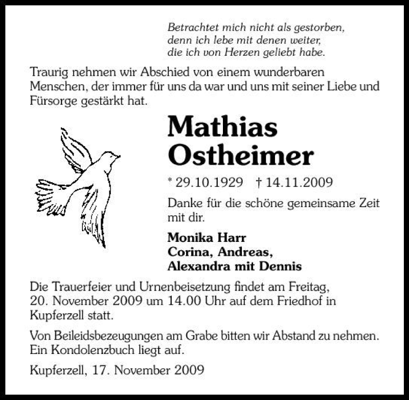  Traueranzeige für Mathias Ostheimer vom 17.11.2009 aus 