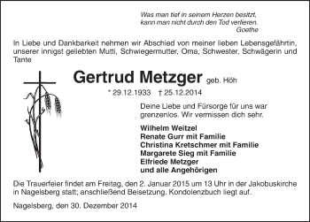 Traueranzeige von Gertrud Metzger 