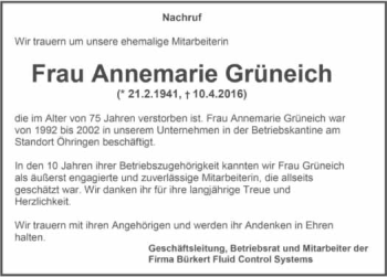 Traueranzeige von Annemarie Grüneich 