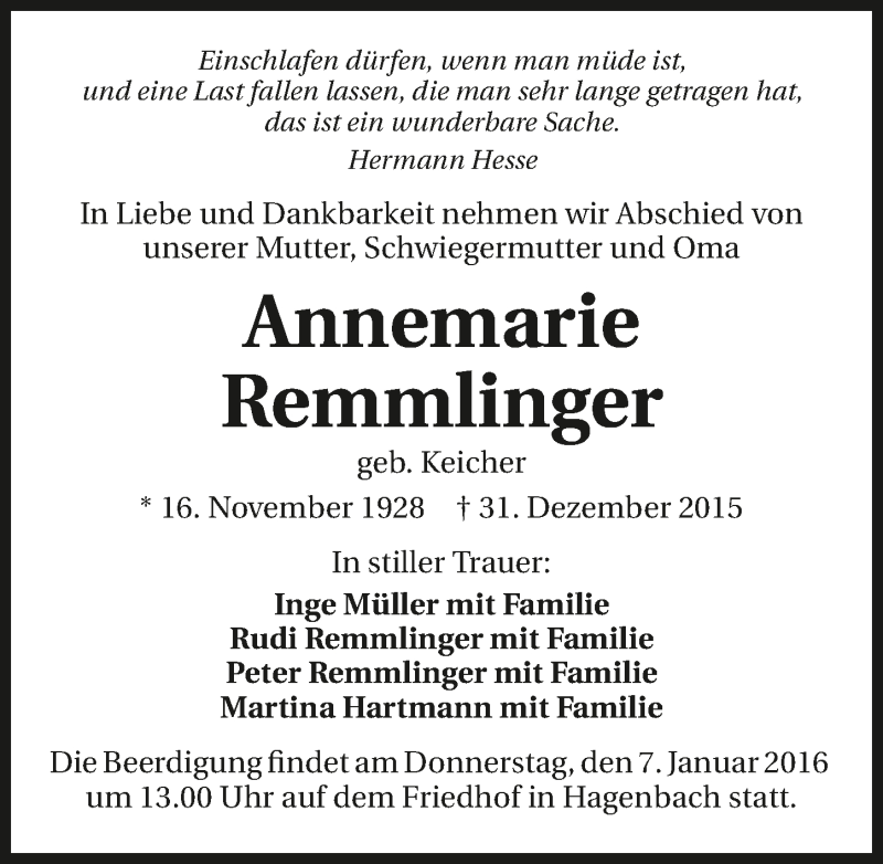  Traueranzeige für Annemarie Remmlinger vom 04.01.2016 aus 