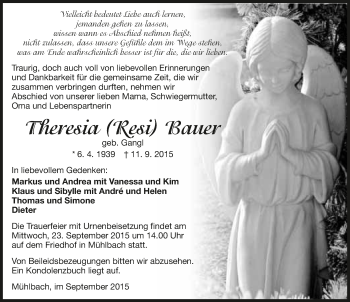 Traueranzeige von Theresia Bauer 
