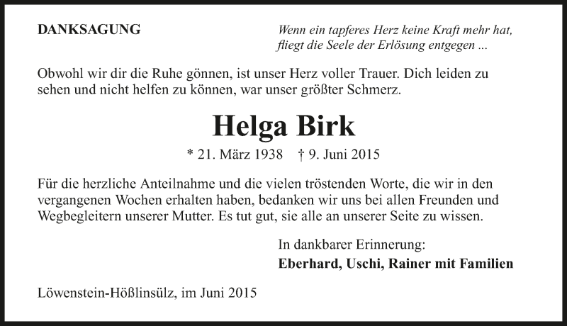 Traueranzeige für Helga Birk vom 03.07.2015 aus 