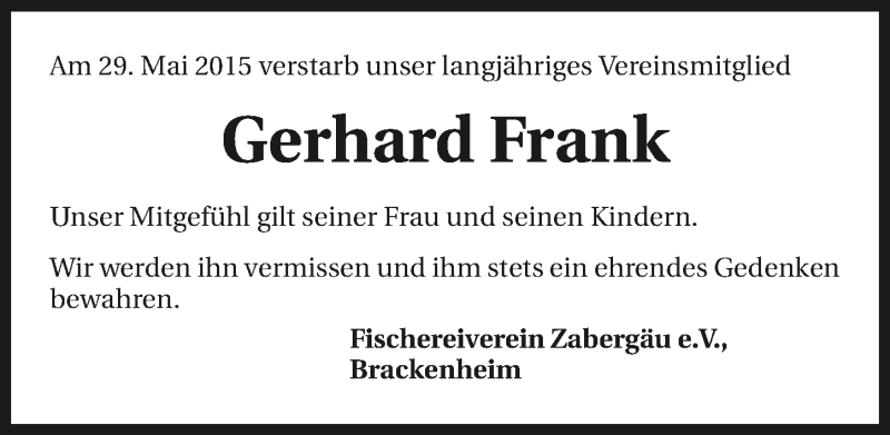  Traueranzeige für Gerhard Frank vom 01.06.2015 aus 