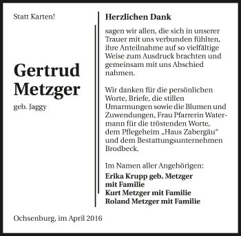 Traueranzeige von Gertrud Metzger 