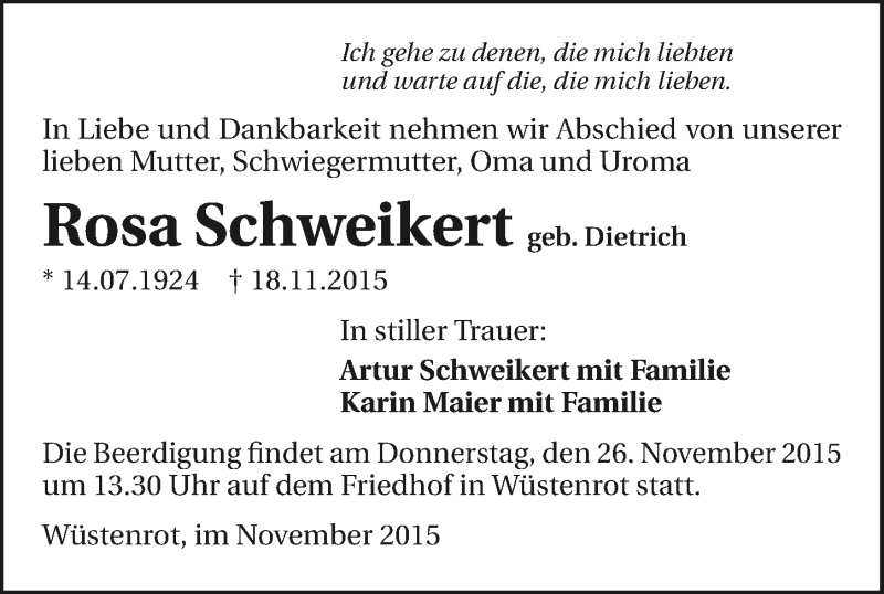  Traueranzeige für Rosa Schweikert vom 24.11.2015 aus 