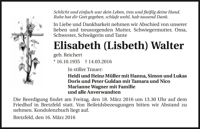  Traueranzeige für Elisabeth Walter vom 16.03.2016 aus 