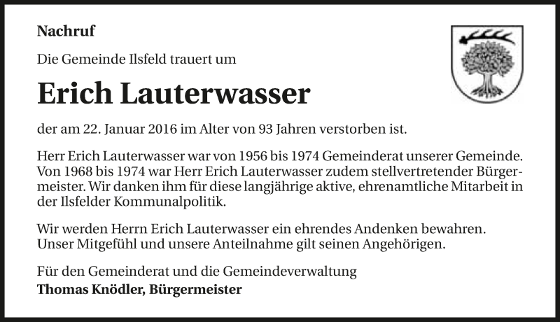  Traueranzeige für Erich Lauterwasser vom 27.01.2016 aus 