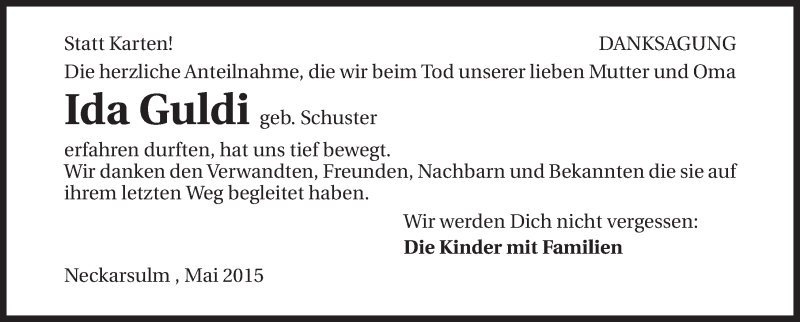  Traueranzeige für Ida Guldi vom 20.05.2015 aus 