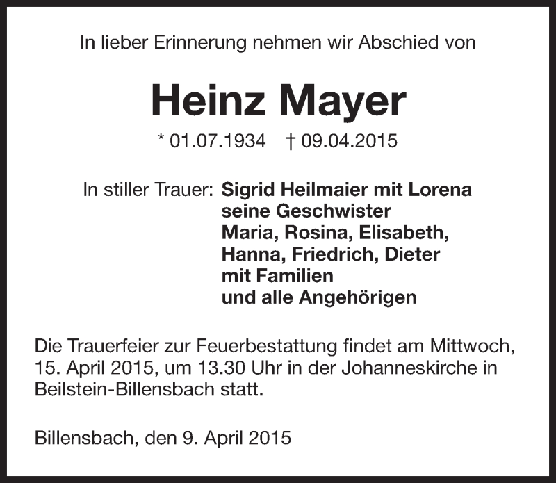  Traueranzeige für Heinz Mayer vom 13.04.2015 aus 