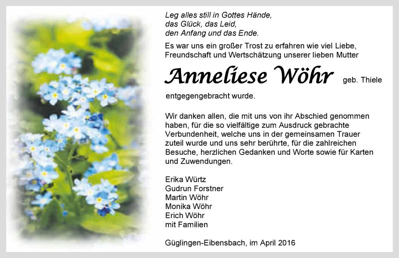  Traueranzeige für Anneliese Wöhr vom 21.04.2016 aus 