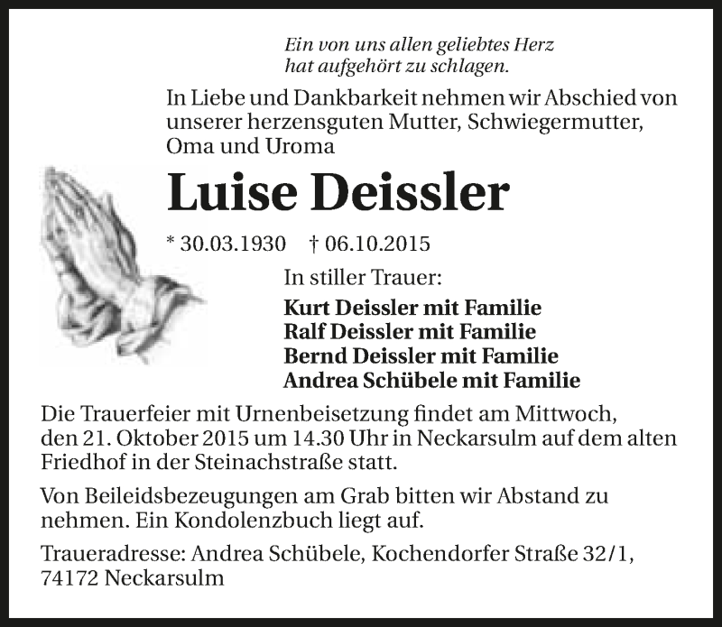  Traueranzeige für Luise Deissler vom 16.10.2015 aus 